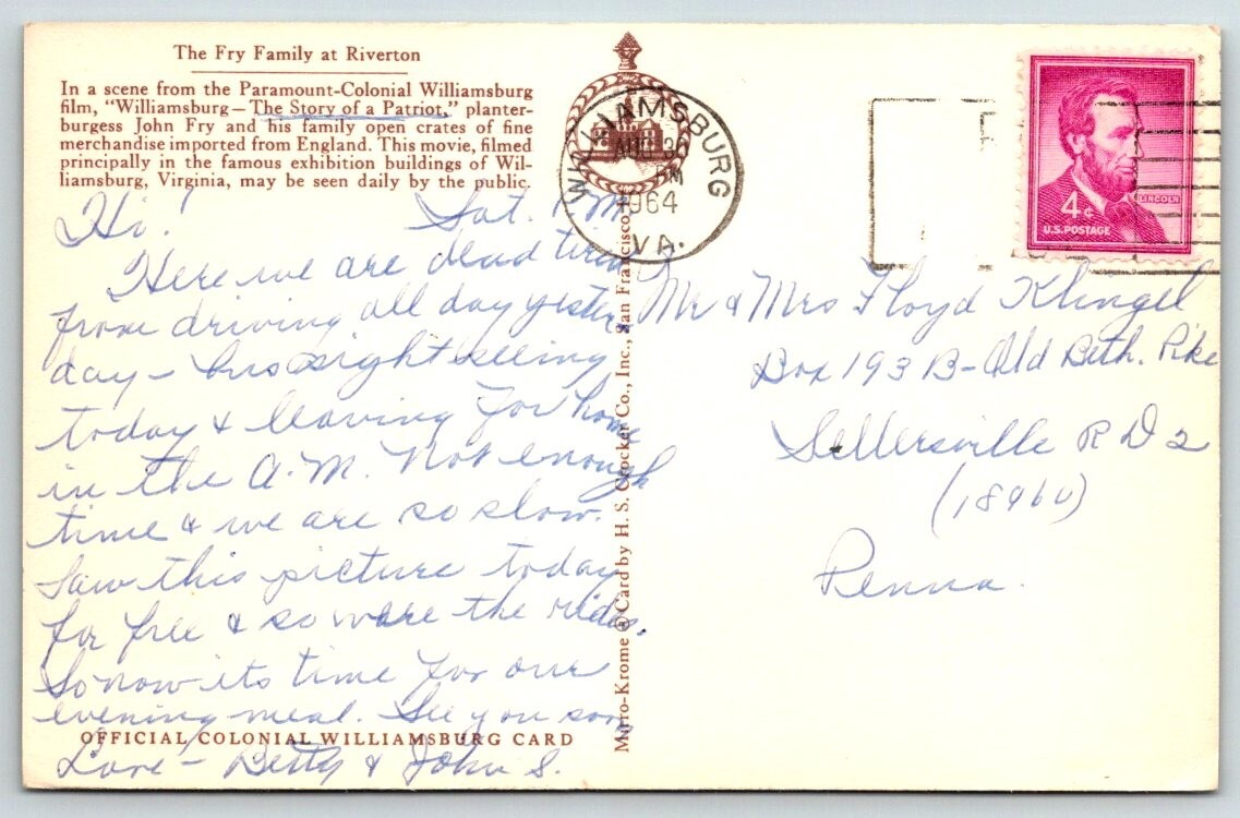 Colonial Williamsburg - The Fry Family at Riverton - 1964 - Postcard