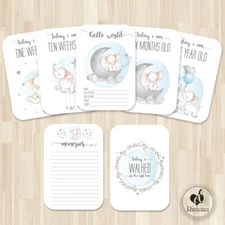 Baby Boy Milestone Cards, Elephants, Cloud, moon, Photo props, 40 cards, 300gsm