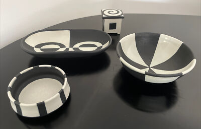 JoAnn Aquinto Pewabic Pottery Artist Black White Set Tray Box Holders Mint