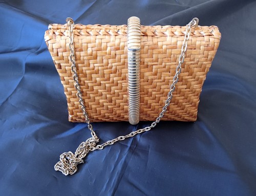 Rara pochette vintage Rodo cesto naturale tessuto, borsetta lunga catena dorata nascosta - Foto 12 di 18