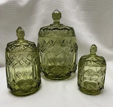 Set Of 3 Vintage Green Verde Imperial Three-In-One Glass Jars Canisters W/ Lids