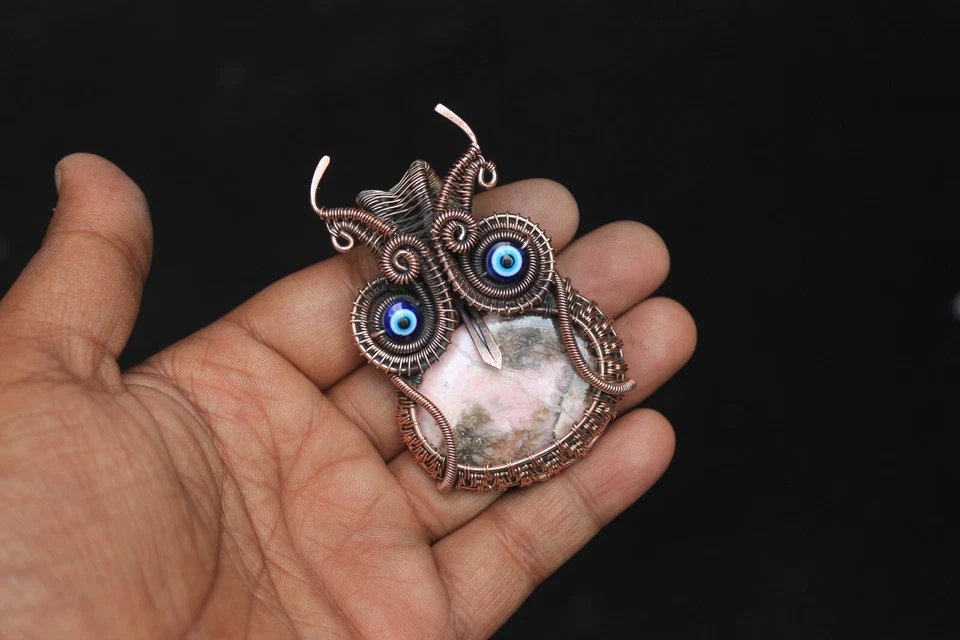 Awesome Owl Pendant Jewelry Gift Rhodochrosite Gemstone Copper Wire Wrap NK720 Foto 4 de 4