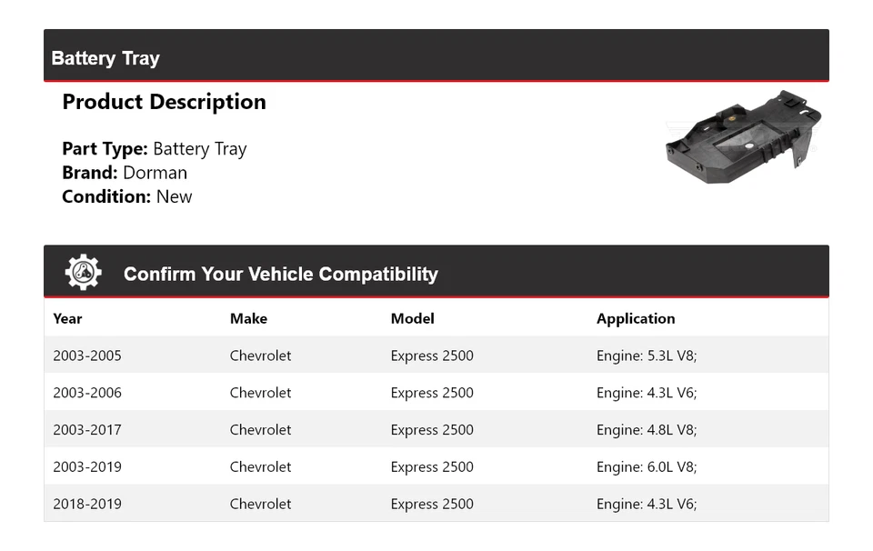Bandeja de batería para Chevrolet Express 2500 Dorman 2003-2019 2004 2005 2006 2007 Foto 2 de 4