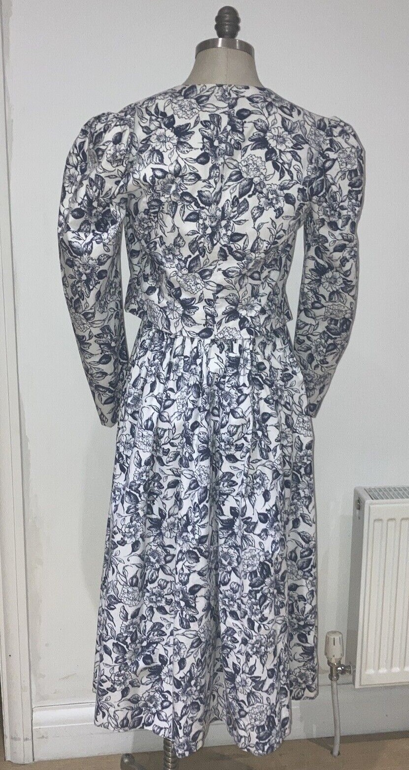 Laura Ashley 1980s Ink Blue/WhiteFloral Dress & Jacket, 17.5" armpit to armpit  6