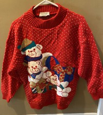 Vintage Ugly Christmas Xmas Pullover Teddy Bear Red Sweater. Rose RN 36236