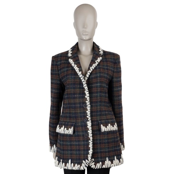 Chanel Brown Blue Cotton 19K Embroidered Checkered Jacket 42 L
