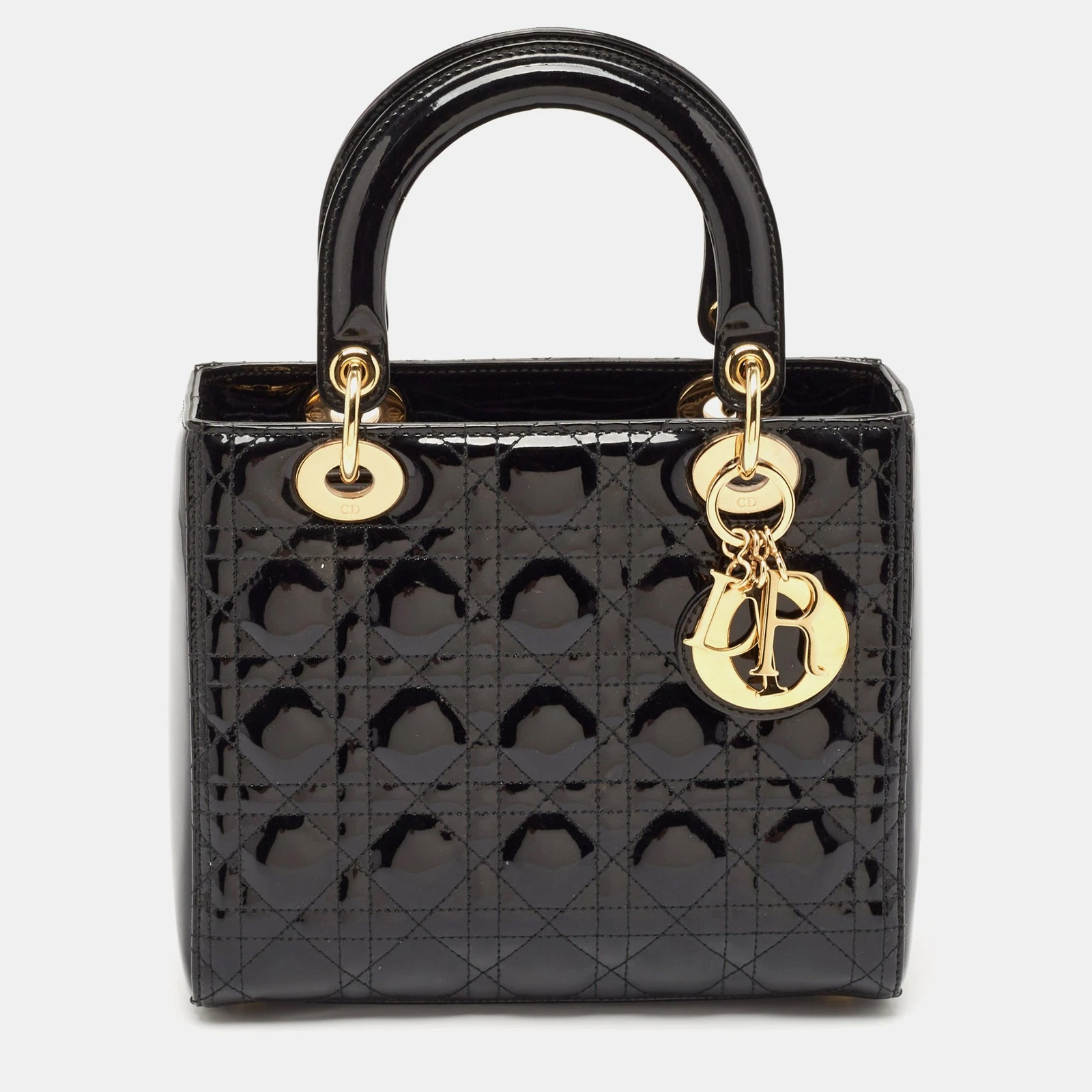 Sac fourre tout Dior noir cannage cuir verni moyen Lady Dior