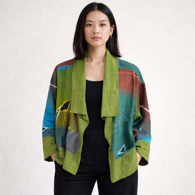 Vtg 90s FARLEY FARLEY Hand Painted Linen Jacket Lagenlook Art To Wear Boxy Med