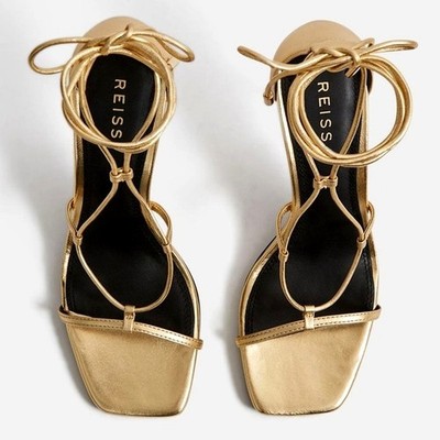 Reiss Kali Leather strappy Stiletto wrap Sandals in gold Metallic size 37 $285