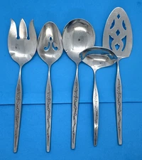 SET of 5 UNBRANDED GLOSSY STAINLESS FLATWARE SERVING PIECES FLORAL HANDLE JAPAN