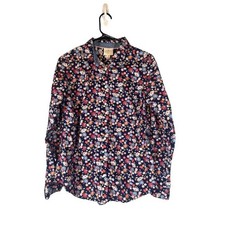 St. Johns Bay Navy Blue Multi Floral Long Sleeve Button Down Blouse Women Sz MP