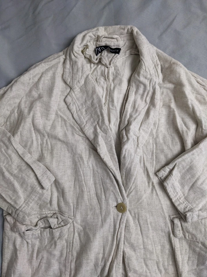 Cárdigan Zara Mujer Talla M Beige Mezcla de Lino Blazer Un Botón Manga 3/4   Foto 2 de 4