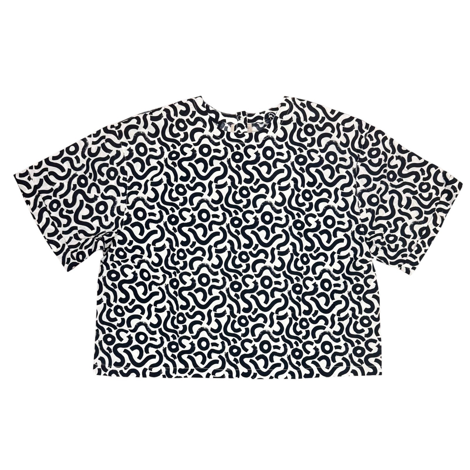 Wildfang Black White Abstract Squiggle Print Boxy Cropped Button Back Top Medium