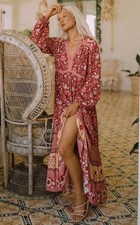 Spell & The Gypsy Portobello Wine Long Sleeve Maxi Gown Dress Sz S