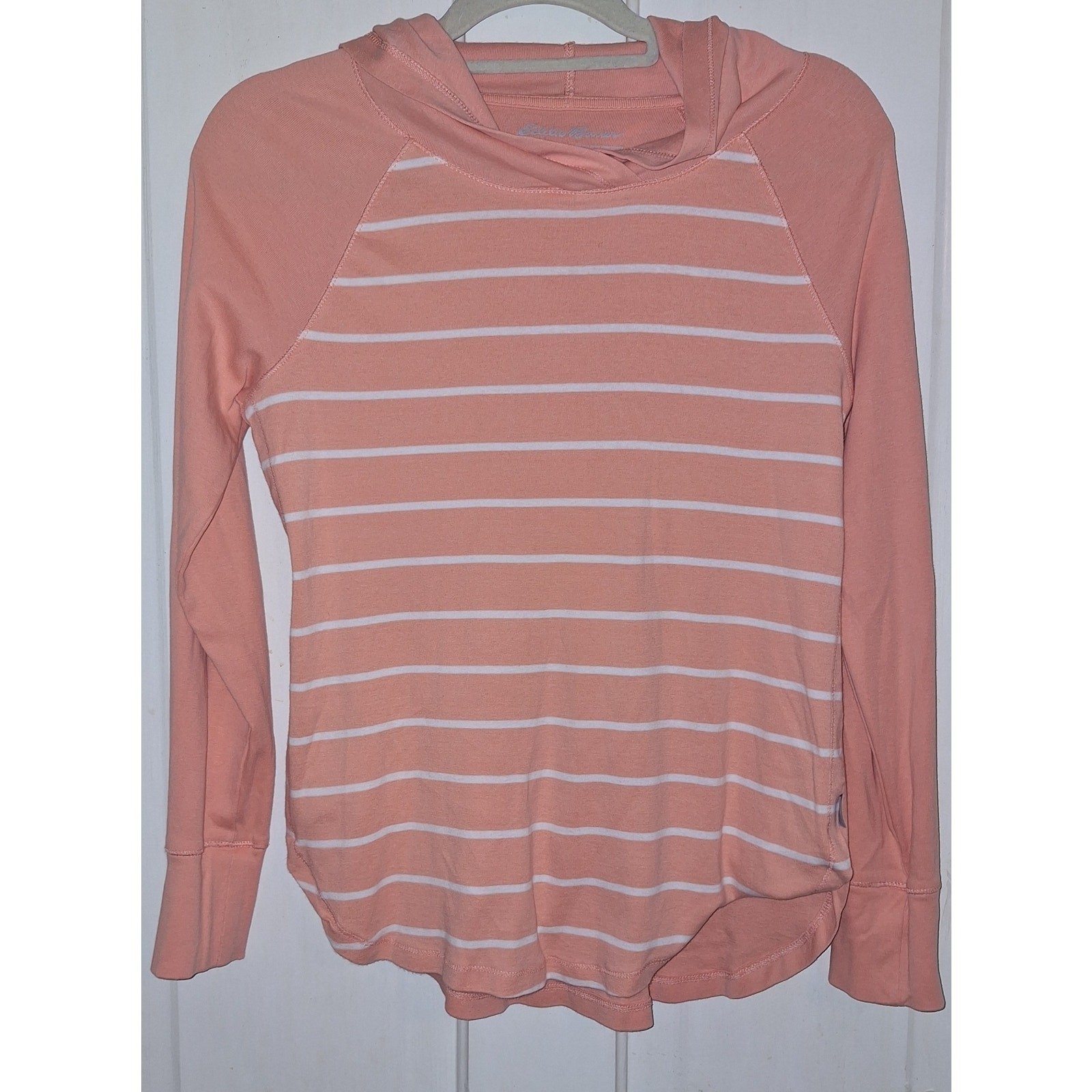 Womens Eddie Bauer Size Large Orange and White Stripped Lightweight Hoodie