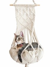 Macrame Cat Hammock Hanging Bed - Boho Wall Swing with Catnip Cushion for Wal...