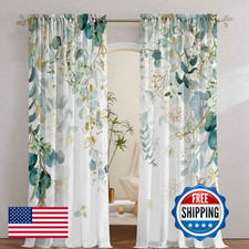 Gold Green Botanical Curtains 96 Inches Long for Living Room Eucalyptus Leaves L