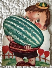 Unused Valentine Boy Carry Watermelon Melancholy Vtg Greeting Card 1930s 1940s