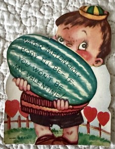 Unused Valentine Boy Carry Watermelon Melancholy Vtg Greeting Card 1930s 1940s