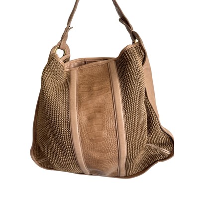 Talbot s Tan Satchel Leather and Knit Large Handbag