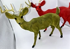 Vintage Christmas Flocked Deer Figurines Pair Red & Green W/ Gold Antlers 8"