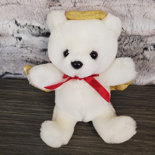 Milaka Small White Angel Teddy Bear 7" Sitting Gold Wings & Halo Red Bow - Picture 1 of 6