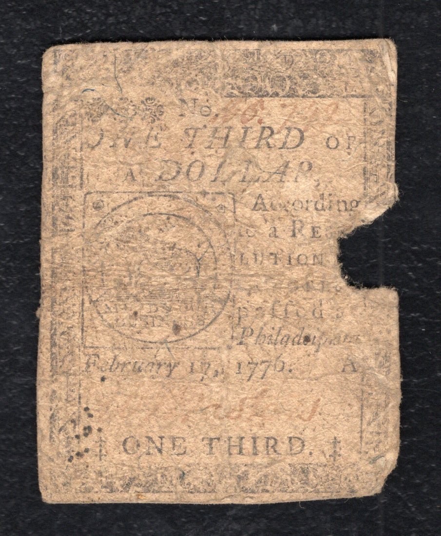 FEBRUARY 17, 1776 $1/3 ONE THIRD DOLLAR “FUGIO” CONTINENTAL CURRENCY ...