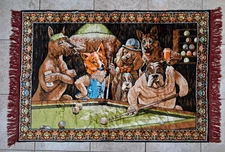 Beautiful NM Dogs Playing Pool Billiards Wall Rug Vintage Tapestry 38”x 60”