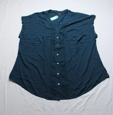 Fortune + Ivy Women's Plus Belinda Mixed Material Blouse AC2 Teal Green Size 2X 