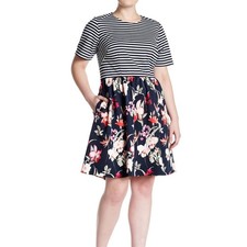Eliza J Size 10 Floral Striped Fit Flare Dress Stretch Short Sleeve Pockets