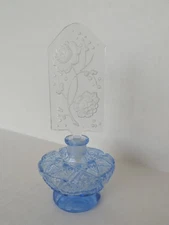 IRICE Vintage Blue Czechoslovakia Perfume Bottle with Intaglio Floral Stopper
