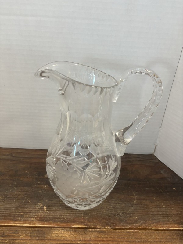 Vintage Crystal Water Pitcher - Grape & Leaf Motif - Starburst 9.5" Tall