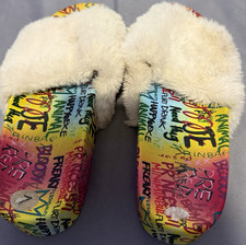 Women  s Multicolor Graphic Faux Fur Slide Slippers Fur Trim Platform Size 7