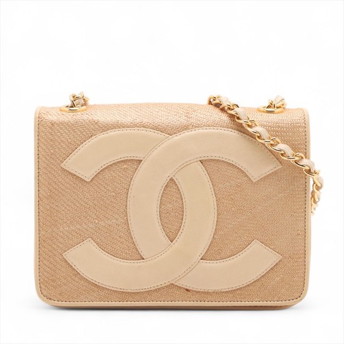 Used CHANEL Coco Mark Straw Single Flap Single Chain Bag Beige Gold Hardware fro