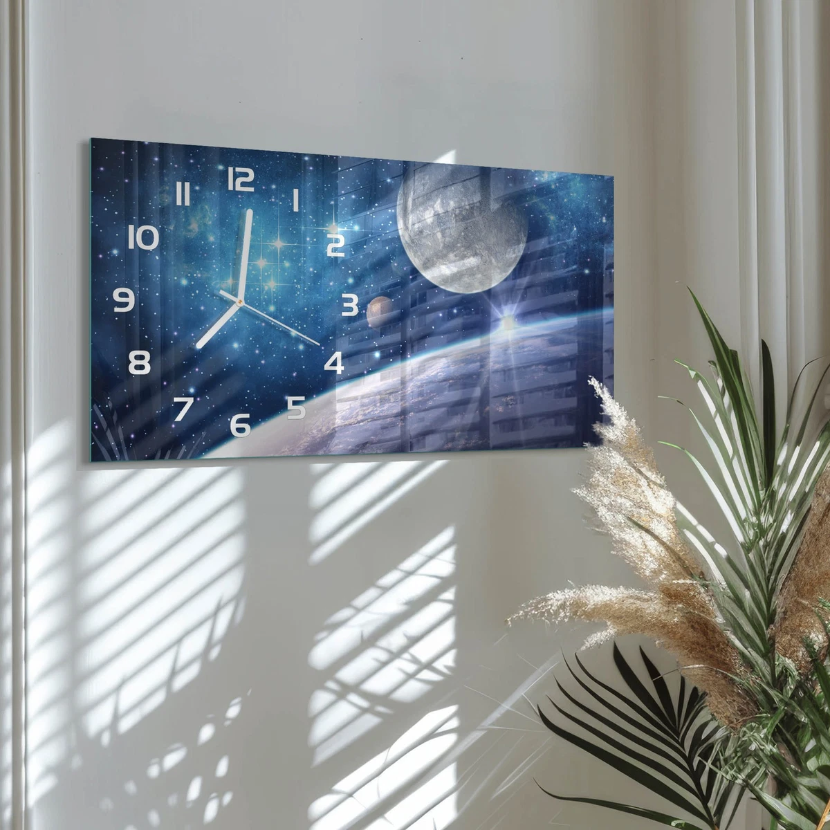 Reloj de Pared Rectangular Horizontal Vidrio Templado Premium Luna 60x30 cm