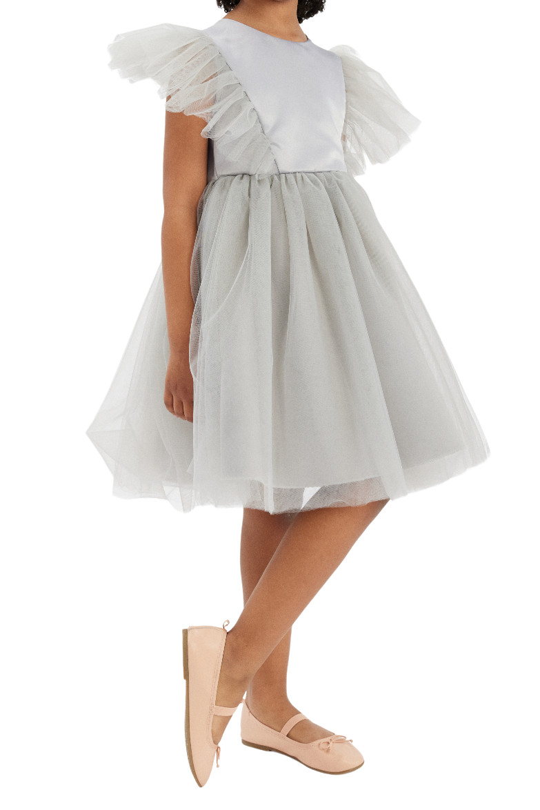 Vestido elegante para niña Marcella gris con tul y detalles de perlas