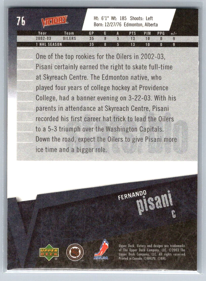 # 76 Fernando Pisani Edmonton Oilers 2003-04 Upper Deck Victory - Image 2 of 2