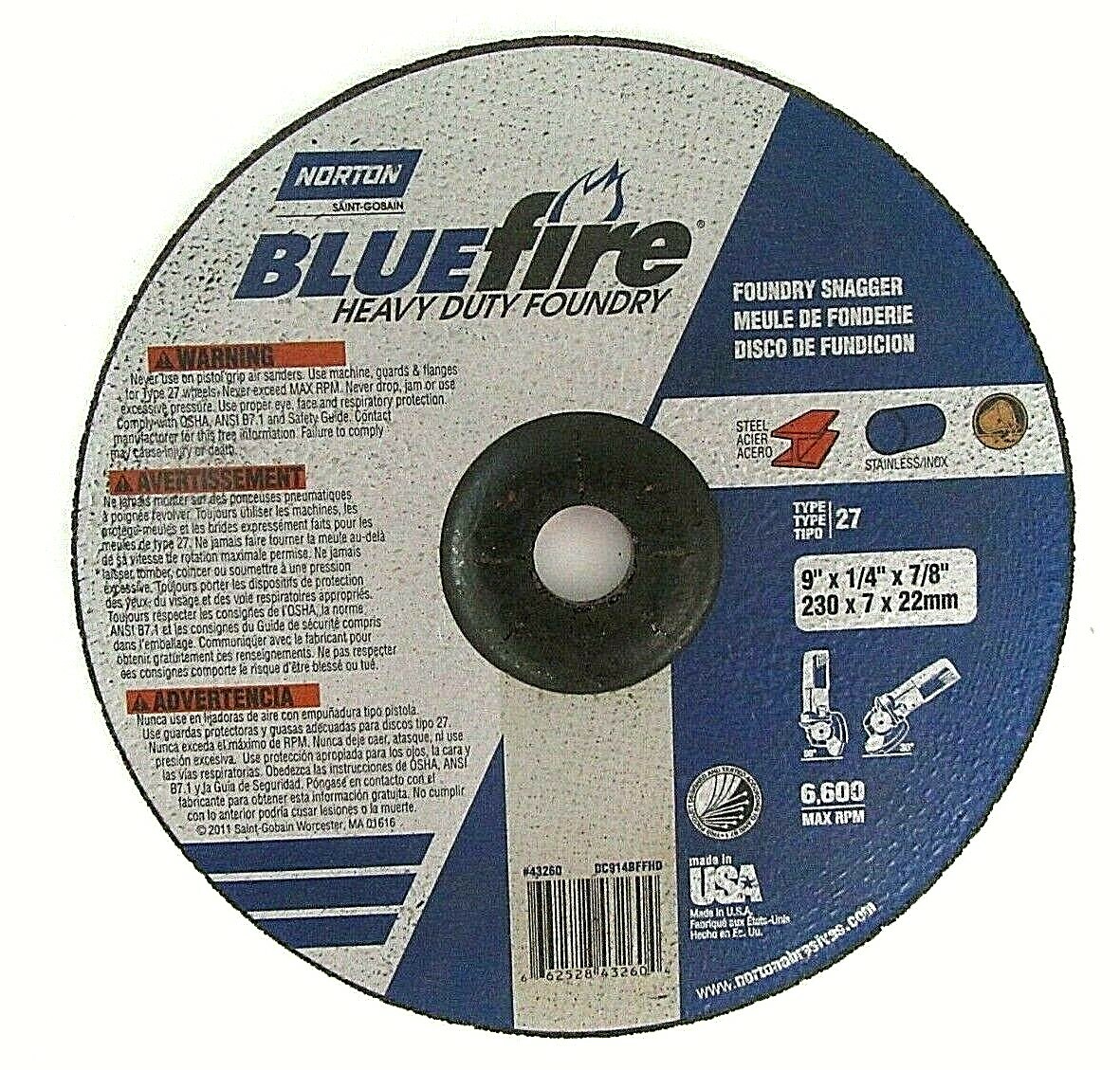 3 PACK NORTON BLUEfire Heavy Duty Grinder Disc Wheel 9