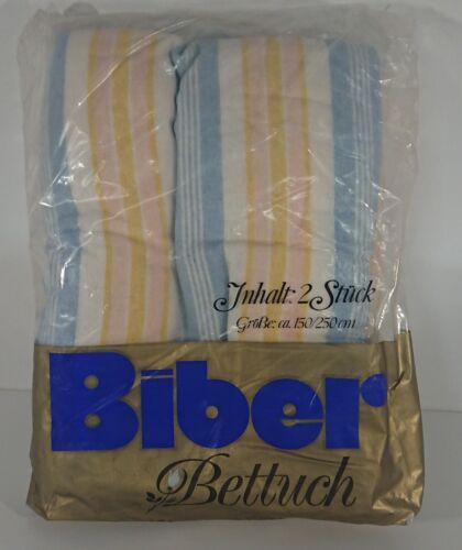 2x alte Biberbettwäsche Betttücher 150 x 250 cm 70er Jahre gestreift blau rosa