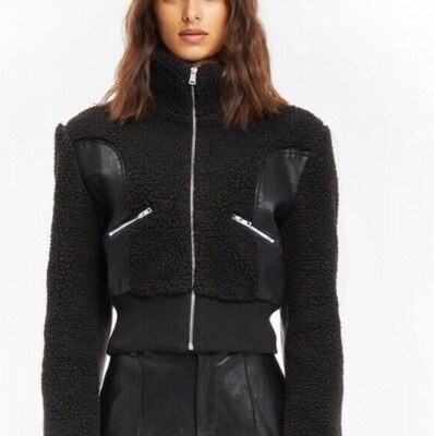 Black Faux Vegan Leather Cozy Fleece Trixie Crop Silver