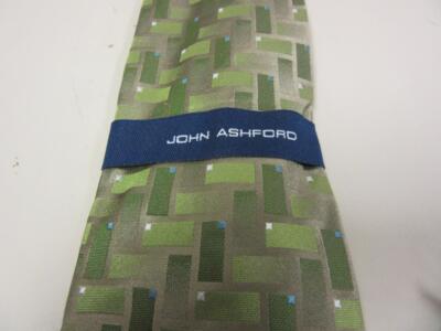 John Ashford Neck Tie Men's 100% Silk Macys Green Rectangles South Beach Geo
