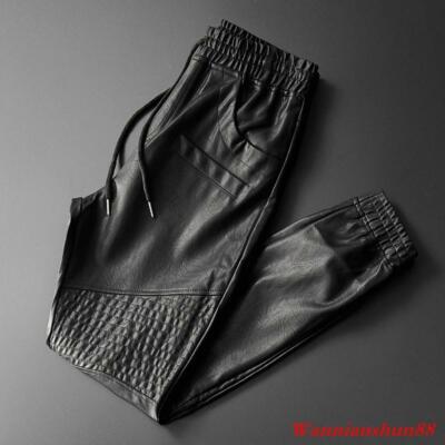 Mens Elastic Waist Jogger Pants Motorcycle Pocket Faux Leather Trousers Pants