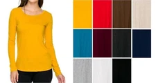 WOMEN BASIC ROUND NECK LONG SLEEVE FITTED TOP STRETCH T SHIRT S M L 1X 2X 3X