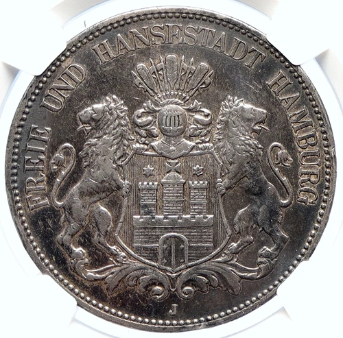 1908J GERMANY German States HAMBURG Lions Antique Silver 5 Mark Coin NGC i105708