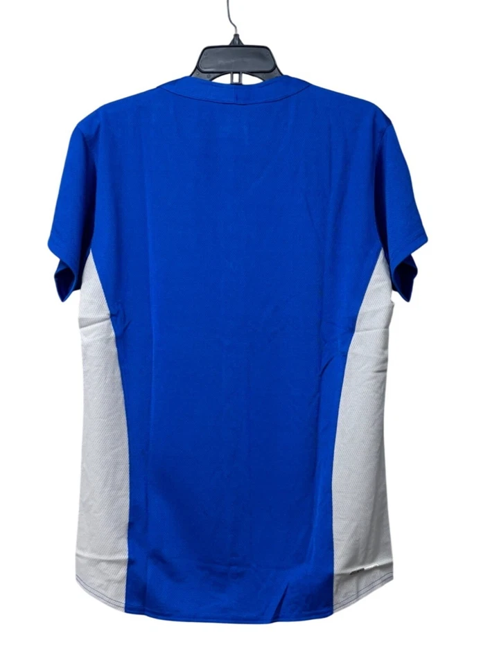 Camiseta deportiva profesional de juego de softbol con botones completos Mizuno para mujer, 350581, azul real/gris, L Foto 3 de 4