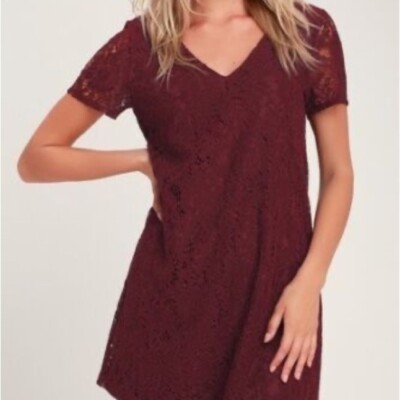 Lulus Bancroft Burgundy Lace Short Sleeve Shift Dress | eBay