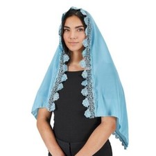 Womens Chapel Veil Head Covering Lt Blue Aqua Latin Mass Catholic Chiffon Lace