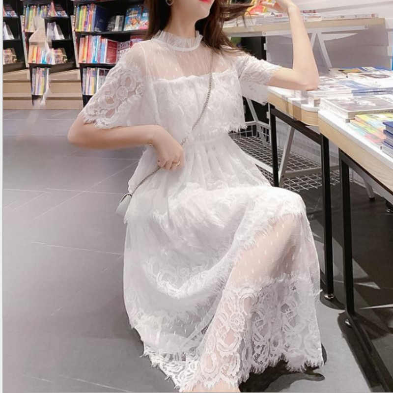 Ladies Lace Mesh Dress Sheer Floral Midi Short Sleeve Hollow