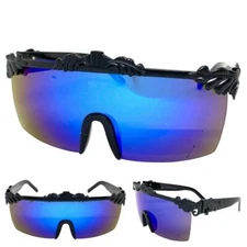 Oversized Modern Contemporary Shield SUN GLASSES Large Big Black Frame Blue Lens