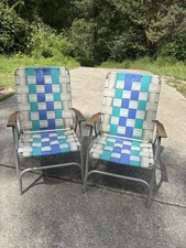 2 Aluminum Webbed High Back Patio Lawn Chairs Blue Green White Folding Vintage